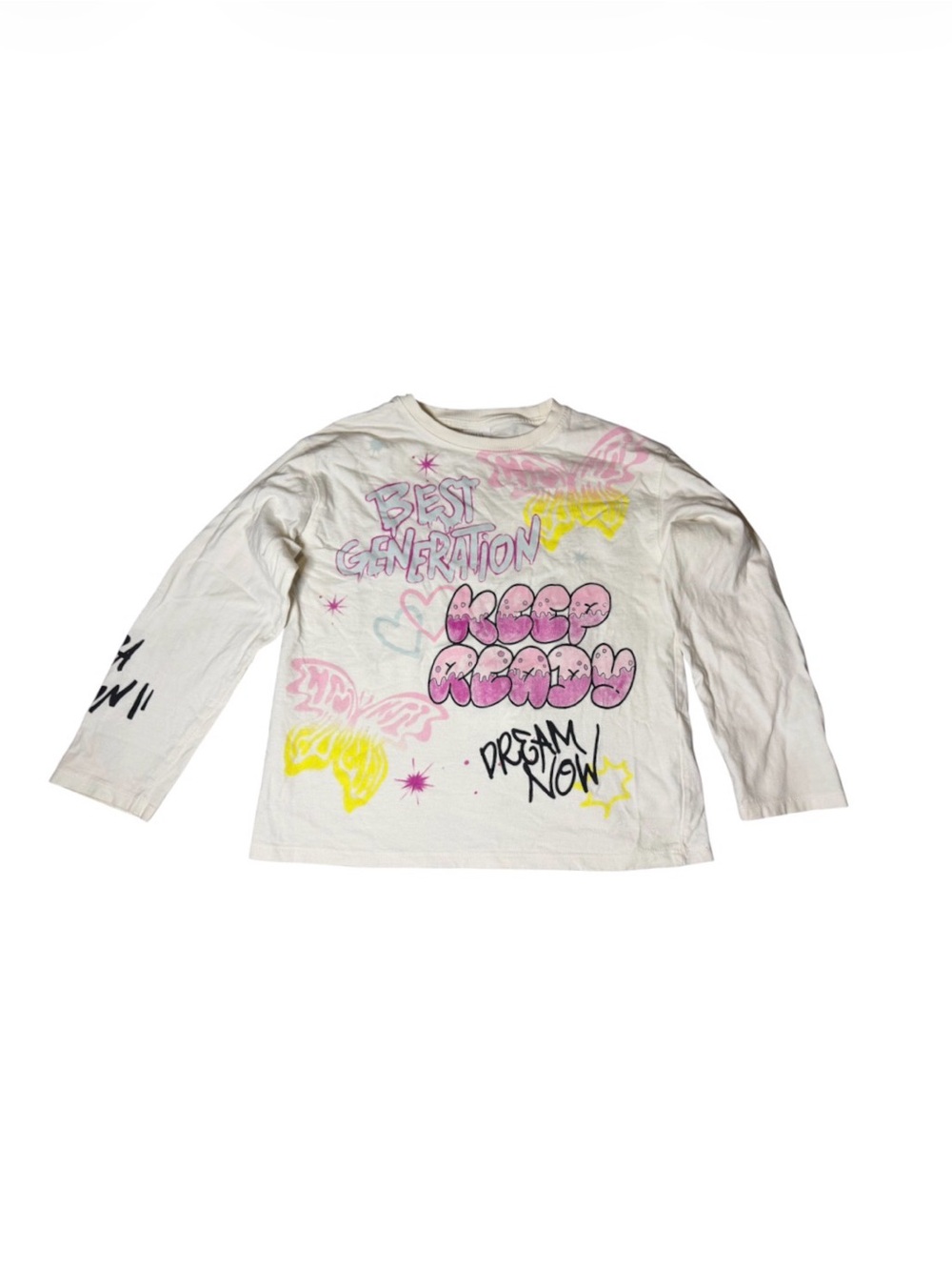 Zara White Long-Sleeve Tee with Pink & Yellow Graphic